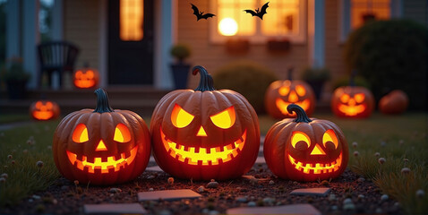 Obraz premium House decorated with spooky Halloween decorations, pumpkin faces and bats, helloween and thanksgiving tradition