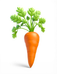 Vibrant cartoon carrot with lush green leaves on white background