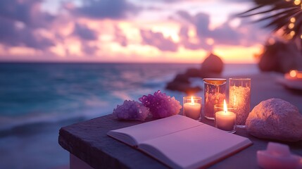 A meditation altar featuring glowing candles, healing crystals, and an open meditation journal, with a blurred ocean view in the background. The scene is bathed in a soothing light,