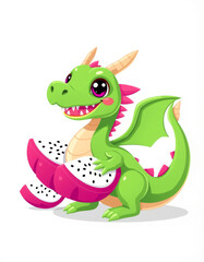 Fototapeta premium Adorable cartoon dragon eating dragon fruit illustration for kids' themes