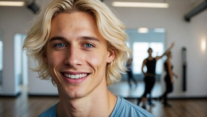 Blonde young adult male smiling in a dance studio with people practicing in the background.