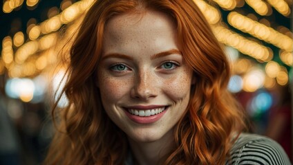 Fototapeta premium Smiling young woman with red hair and freckles in a warmly lit environment with twinkling lights.