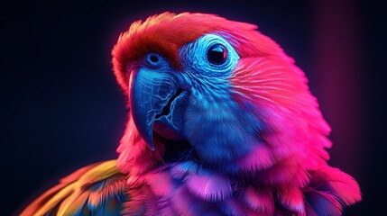 Obraz premium Close-up portrait of a wild animal with blue and pink neon lights. An exotic and rare parrot that can speak.
