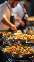 Chef preparing salad at buffet table during event