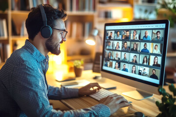 Virtual meeting concept with diverse team on video call for remote work