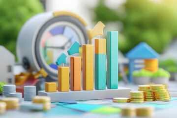 3D isometric market chart and bar graph showing growth, cartoon-style illustration