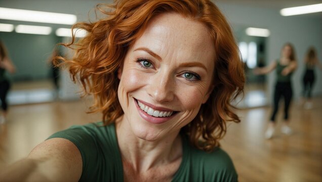 Smiling Caucasian woman with red hair takes a selfie in a dance studio, exuding energy and positivity.