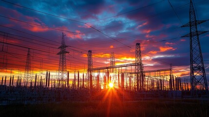 Golden Hour Over Power Lines and Substation