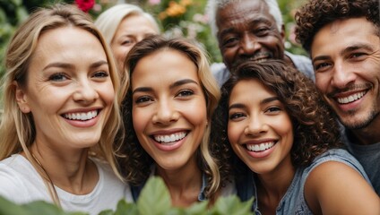 Fototapeta premium Diverse group of friends enjoying a joyful moment in a lush garden, smiling warmly at the camera.