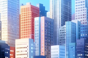 Fototapeta premium A cityscape of tall buildings, each building painted in different colors like reds and blues, against the night sky