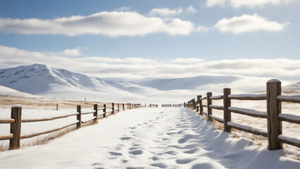 Snow-Covered Wooden Fence in Winter Field with Blank White Space for Text Overlay.