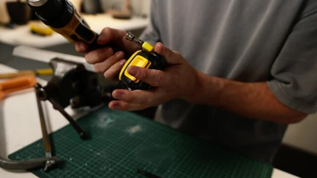 Handyman works in workshop, skillfully using tools to build and repair. Focused on his task, demonstrates expertise, precision, and problem-solving, importance of craftsmanship and practical skills