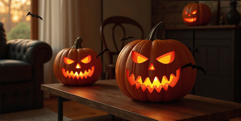 Obraz premium House decorated with spooky Halloween decorations, pumpkin faces and bats, helloween and thanksgiving tradition