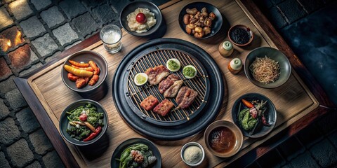 Korean Style Grill Table Setup for Four with Fresh Ingredients and Utensils in a Cozy Dining Atmosphere
