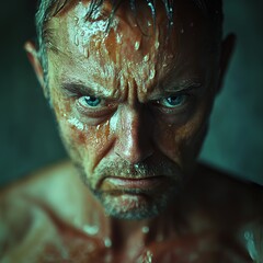 Intense Gaze of a Determined Man with Perspiration