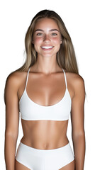 Fototapeta premium Smiling woman in white sportswear on transparent background, active and fit look
