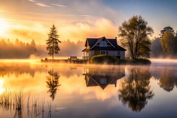 Fototapeta premium Lake House Silhouette at Dawn: Serene Foggy Morning Landscape in Digital Art