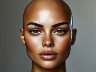A woman with a bald head and brown eyes