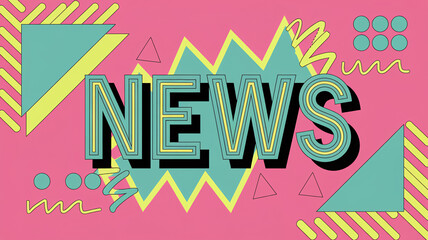 Bold "NEWS" in pop art style with teal and yellow accents against a bright pink background and geometric shapes.