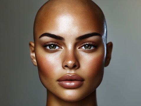 A woman with a bald head and brown eyes