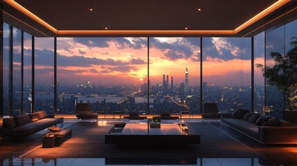 Fototapeta premium Modern living room with city skyline at sunset.