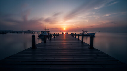Fototapeta premium A Serene and Tranquil Boat Dock at Dusk, Ideal for Reflection and Calm Away from the Bustling World
