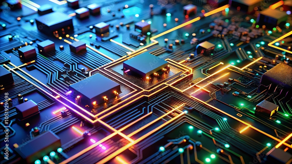 Poster long exposure of circuit boards and chips capturing dynamic technology patterns