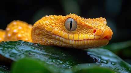 Obraz premium Close-up of a vibrant yellow gecko resting on green leaves.