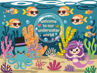 Fototapeta premium Colorful underwater scene with cute marine animals and coral reef adventure