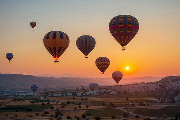 Fototapeta premium Young woman man child people pet enjoying the festival of hot air balloons, capturing selfie colorful balloons in the sky