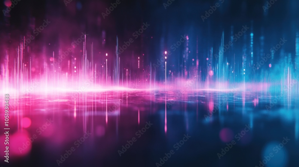 Poster abstract futuristic background with glowing neon lines and particles on a dark background.
