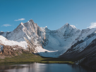 Majestic snow-capped peaks reflecting in pristine mountain lake at sunrise