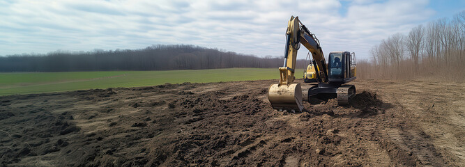 A machinery operates on an open field, digging and moving earth under a cloudy sky, showcasing construction or land development activities.