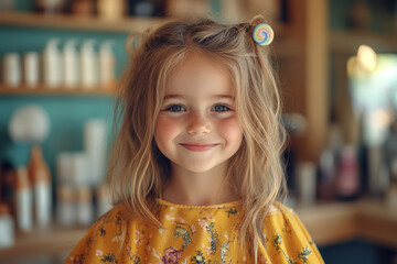 Fototapeta premium Smiling Child at Hair Salon: Playful Haircut Experience