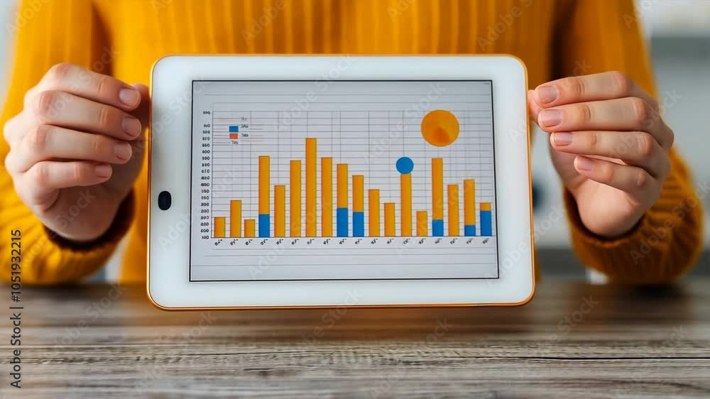 Poster analyzing business growth: hands holding tablet displaying upward trending bar graph and pie chart, 