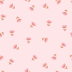 Small cute pink tulips on light pink 
background, seamless pattern.