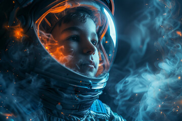 Close-up of baby boy girl kid child astronaut in space, modern spacesuit reflecting Earth and technology, Generative AI