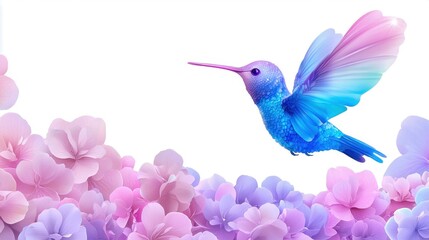 Obraz premium Vibrant hummingbird flying over colorful flowers, white isolate background.