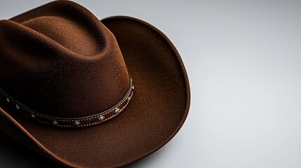 A high-end cowboy hat with finely stitched leather band, floating in space on a pure white background, sharp details, and focus