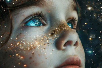 Child gazing at the cosmos in a retro-style space artwork collage, Generative AI blending imagination and wonder