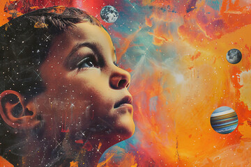 Child gazing at the cosmos in a retro-style space artwork collage, Generative AI blending...