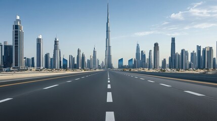 A broad, empty highway stretches towards a skyline of skyscrapers beneath a bright blue sky, ideal for urban advertising opportunities