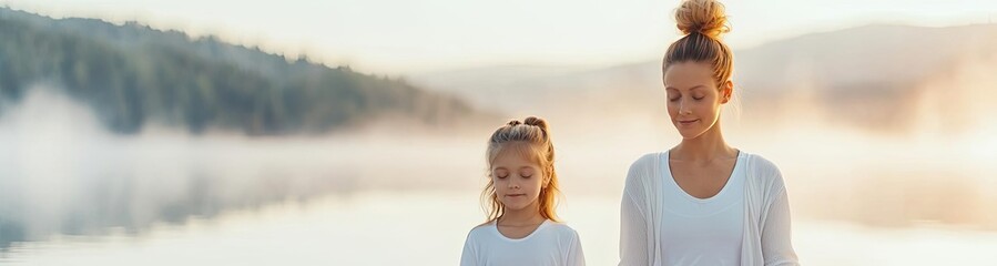Obraz premium Mother and daughter practicing yoga by serene lake in morning sunlight.