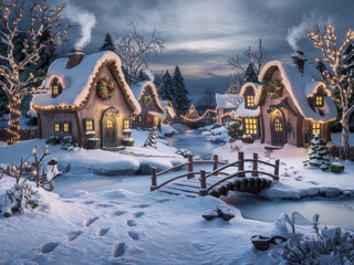 Fototapeta premium Charming snowy village scene with cozy cottages and winter wonderland atmosphere