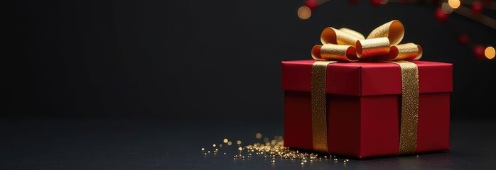 banner, gift box on a dark background, free space for text