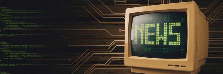 Old-school computer displaying pixelated "NEWS" text on a green screen with circuit patterns, emphasizing retro technology and data-driven communication.

