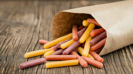A brown paper bag spills colorful, stick-shaped snacks onto a wooden surface, creating a vibrant and inviting display.