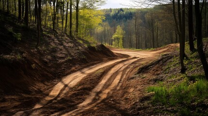 Fototapeta premium Winding dirt path through lush green forest, sunlight filtering through trees