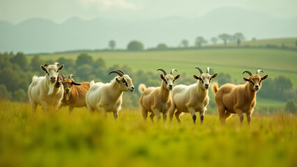 Obraz premium Charming Group of Goats Frolicking Playfully on a Grassy Hillside in a Picturesque Rural Landscape