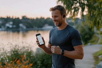 Fototapeta premium A fit male jogger holding a smartphone while exercising along a picturesque riverside, symbolizing a healthy lifestyle and modern fitness tracking practices.